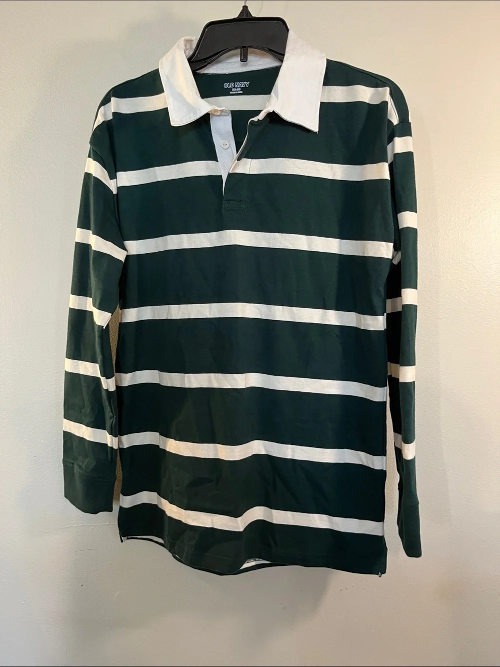 Old Navy Green and White Striped Long-Sleeve Rugby Polo